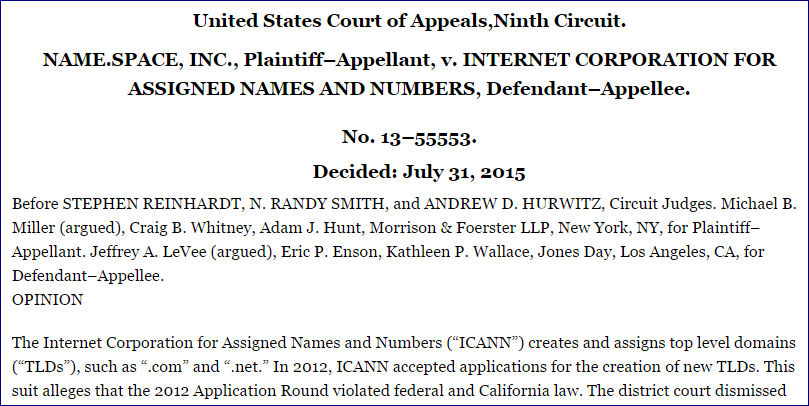 Суд NAME.SPACE, INC против ICANN по доменам